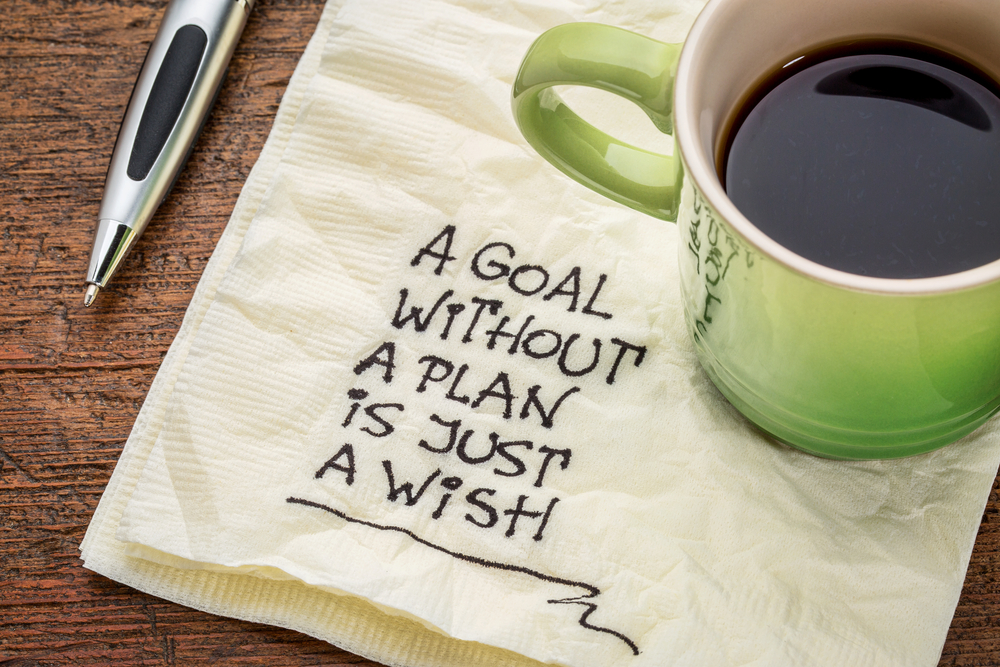 Coffee mug beside a napkin that reads "A goal without a plan is just a wish"