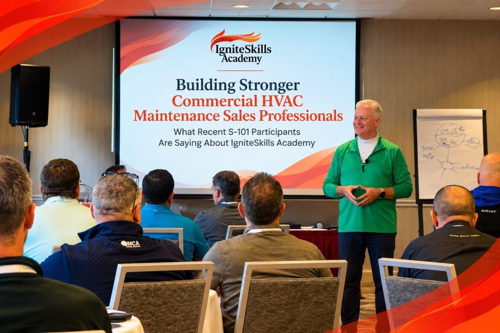 Building Stronger Commercial HVAC Maintenance Sales Professionals, an IgniteSkills Academy instructor presenting to S-101 participants in a training room