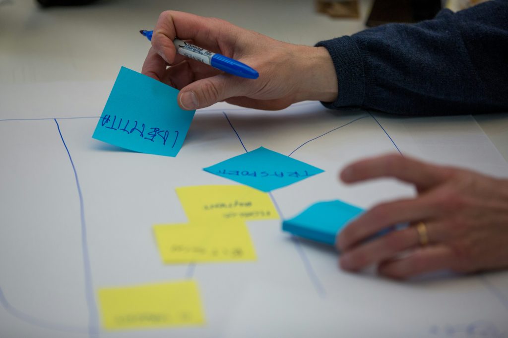 Hands arranging sticky notes on a table during a planning session