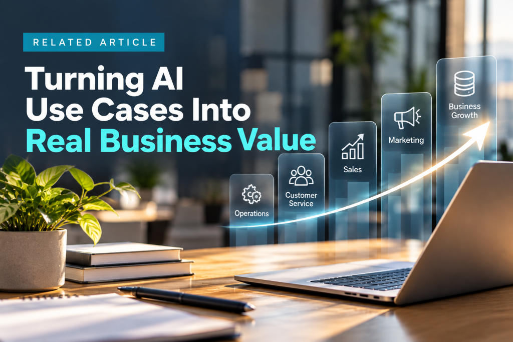 Turning AI Use Cases Into Real Business Value: rising chart of business areas above a laptop