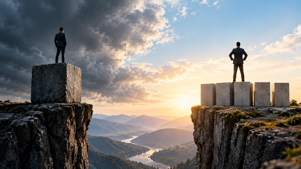 Two people standing on separate rock pillars above a mountain valley