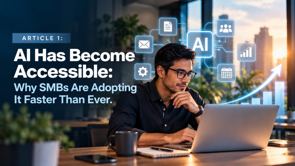 AI Has Become Accessible: man working on a laptop surrounded by AI icons