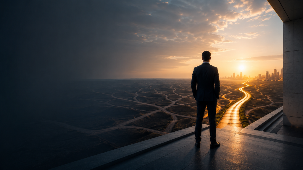 Person standing on a ridge at sunset looking out over a winding path