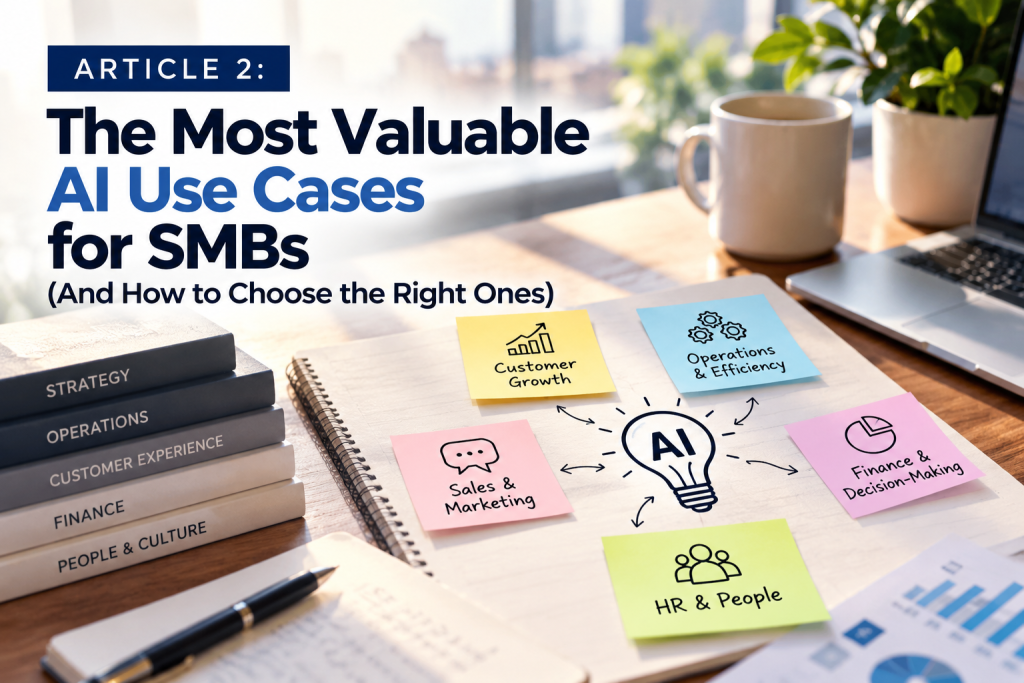 The Most Valuable AI Use Cases for SMBs: illustrated AI use cases on a desk