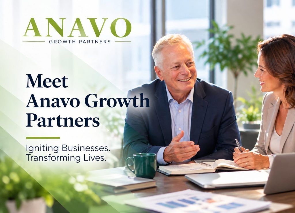 Meet Anavo Growth Partners, Igniting Businesses. Transforming Lives. Two business professionals talking at a meeting table