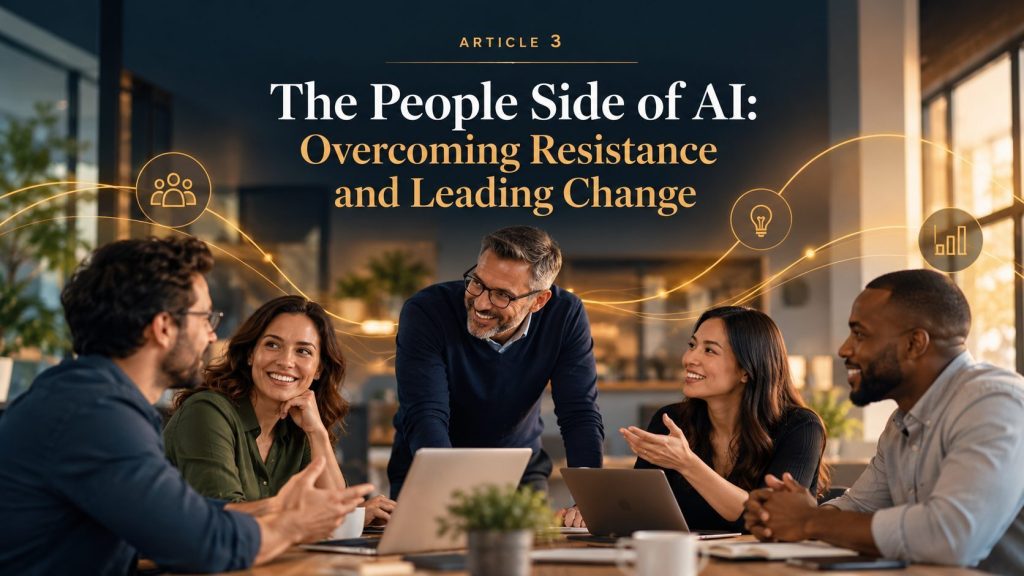 The People Side of AI: Overcoming Resistance and Leading Change, a team of five colleagues talking around a table with laptops